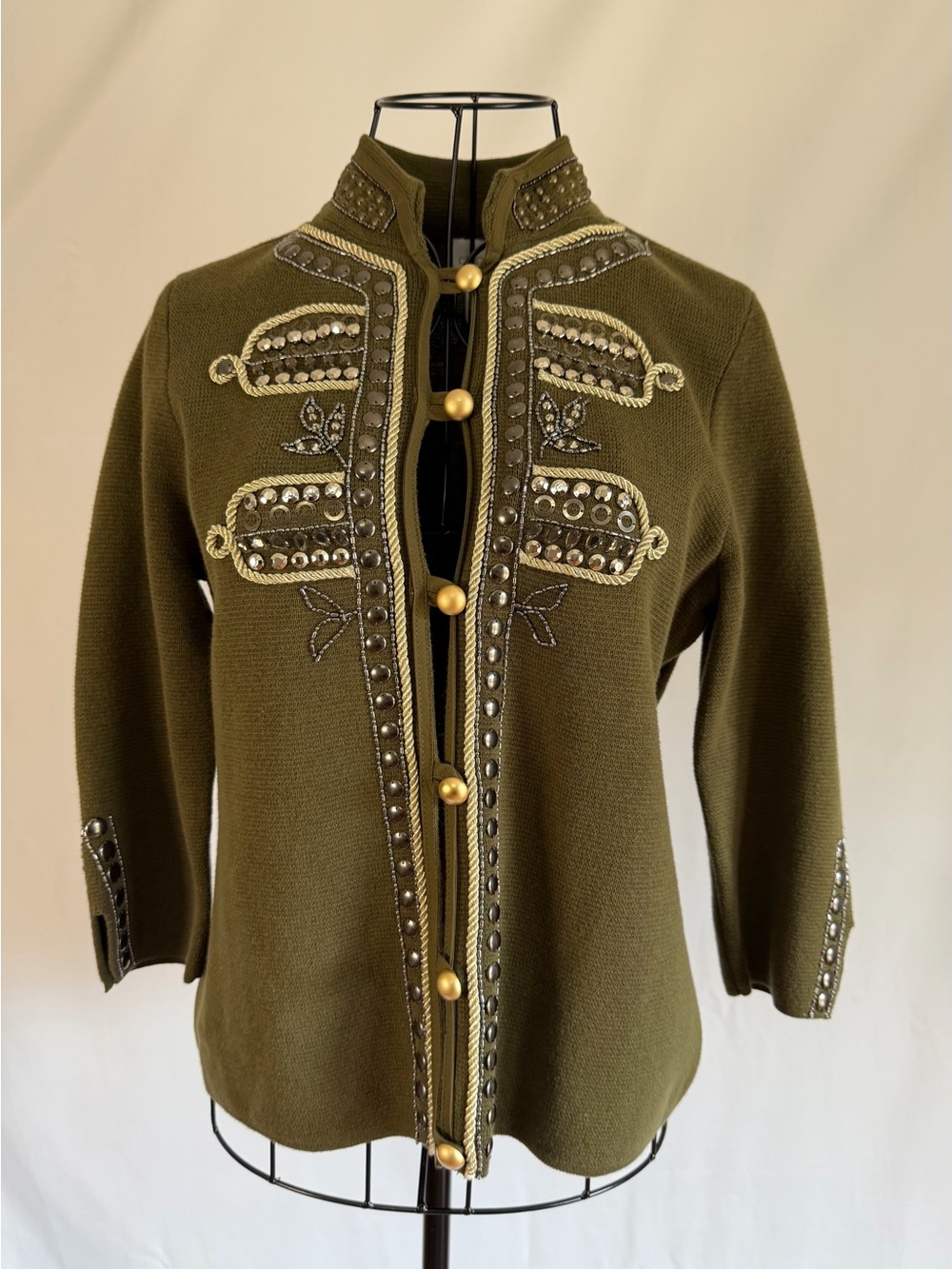 Chico's Olive Embellished Military-Style Blazer